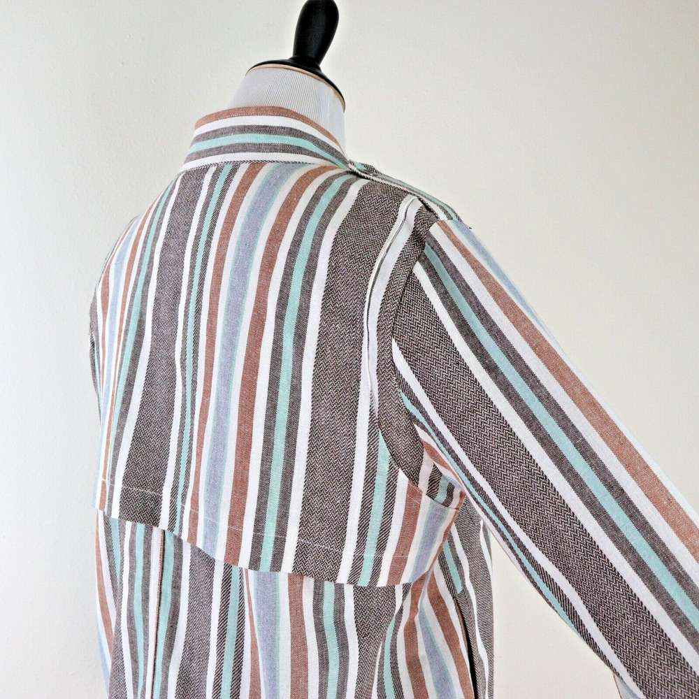 Mystree Size L Linen Blend Jacket Long Sleeve Striped Blue Gray Brown - Picture 6 of 13